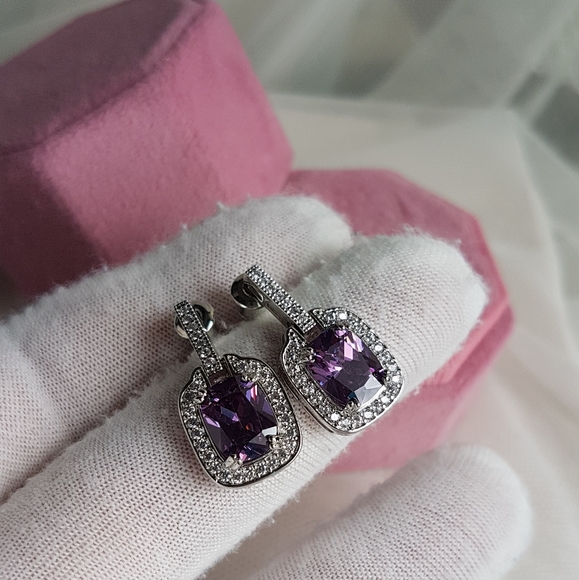 Swarovski Elements Amethyst Purple Emerald-cut Halo Earrings NEW - Picture 5 of 14